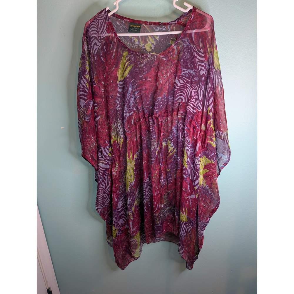 Sunflower YCT-123 Tropical Zebra Print Sheer Kaftan Top Burgundy Purple OS